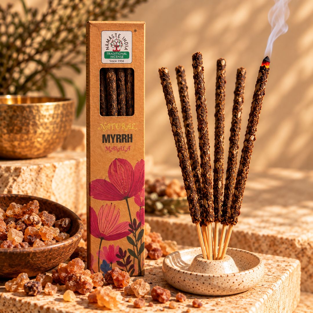 Vonné tyčinky Myrha (Myrrh Masala) v keramickom stojane